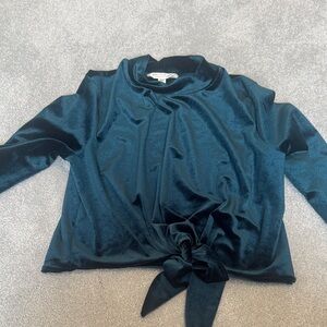 Teal Velvet Long Sleeve Top with Tie Front Size US 8 EUR 40 UK 12